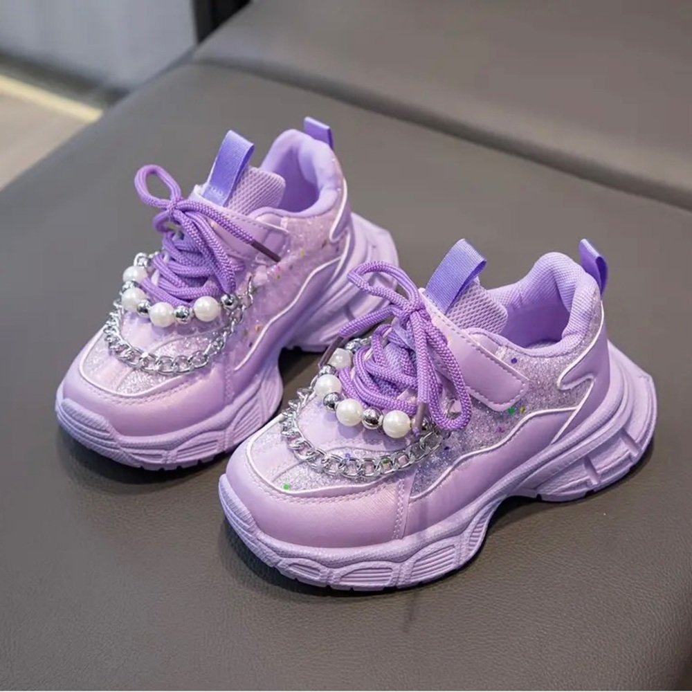 Little Girls Sequin Faux Pearl Decor Low top lace up sneakers purple size 9.5